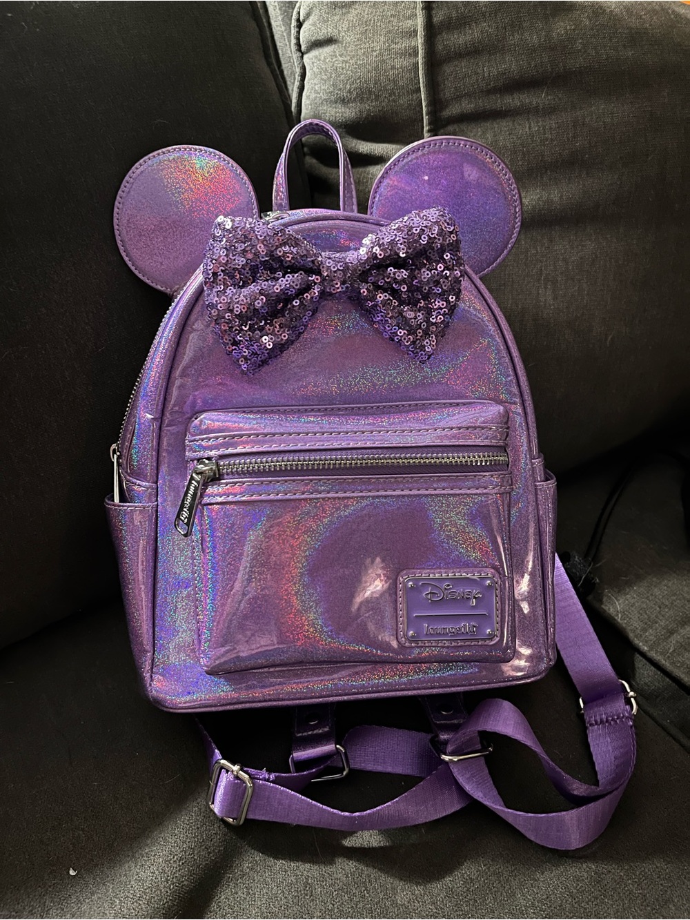 Disney Purple Holographic Minnie Ear Backpack with Sequin Bow